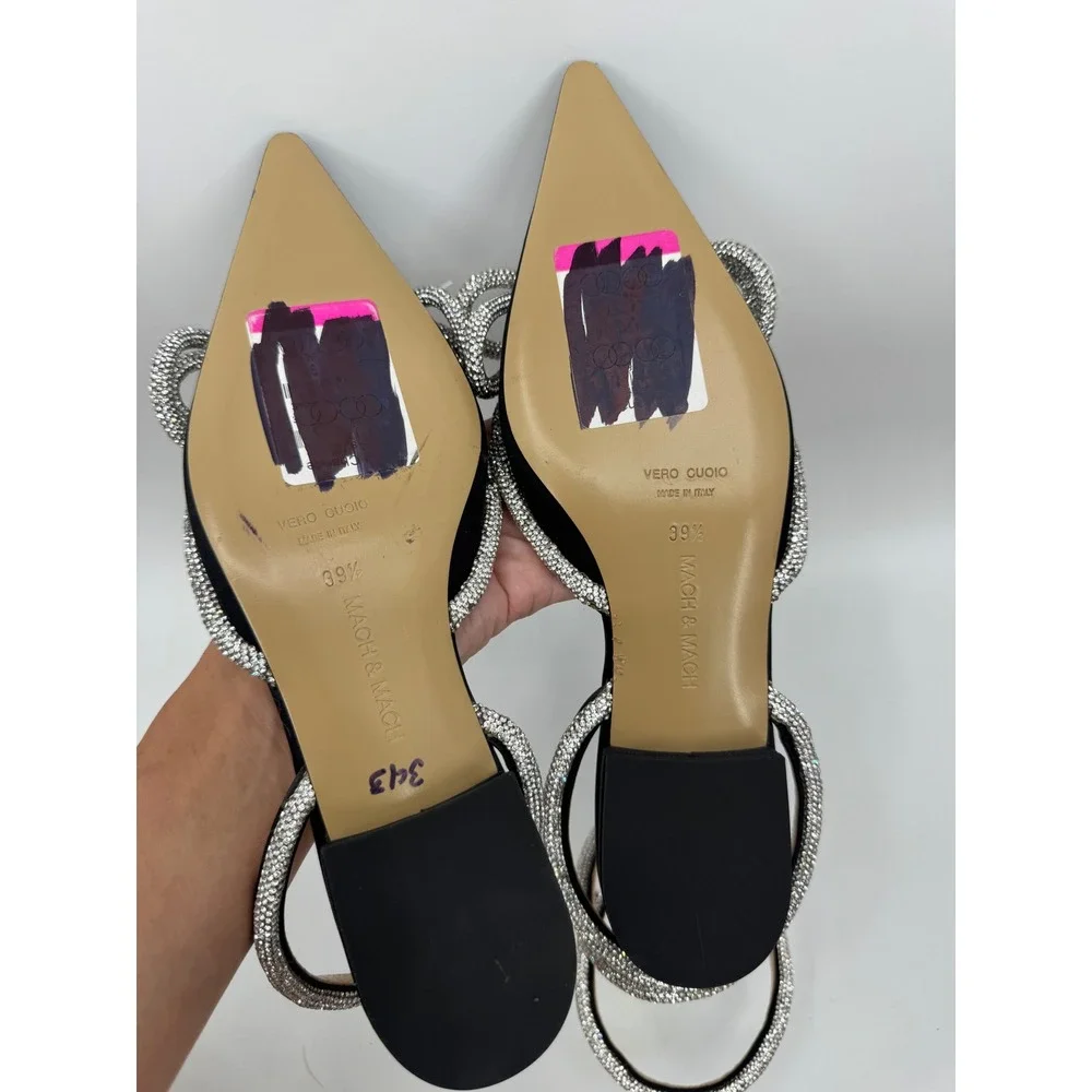 MACH & MACH Flawed Double Bow Flats Women 39.5 Black Crystal Embellished Satin